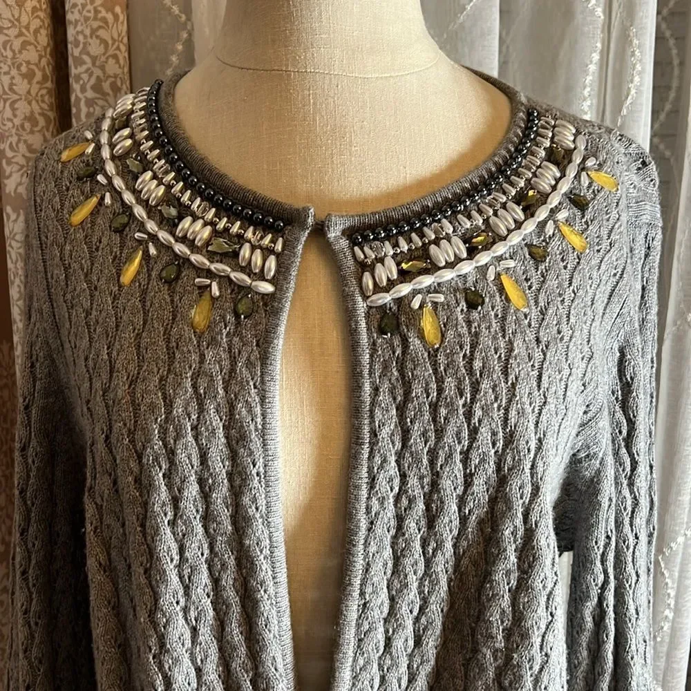 Kate Hill Linen Crochet Style Knit Cardigan w/ beaded detailing. Size Large